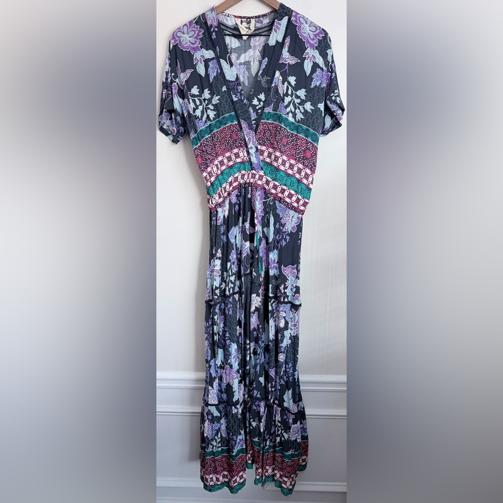 Jaase Navy Floral Short Sleeve V-neck Maxi Dress flowy L